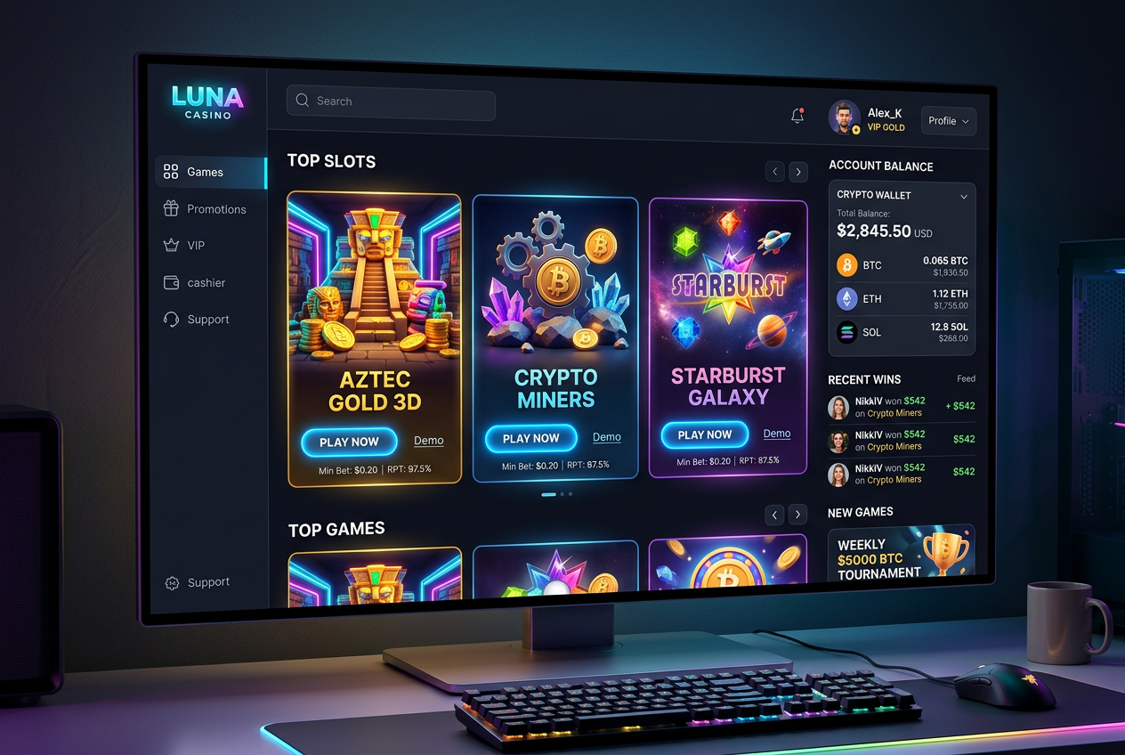 Moderní uživatelské rozhraní zahraničního online casina s přehledem slotů a kryptoměnovým zůstatkem
