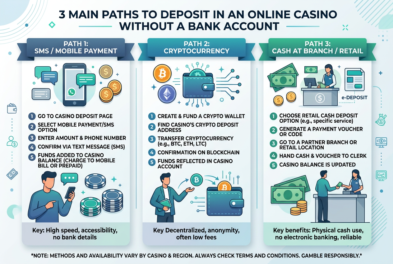 Infografika znázorňující tři cesty k vkladu peněz do online casina bez bankovního účtu: SMS platba, kryptoměny a hotovost na pobočce.