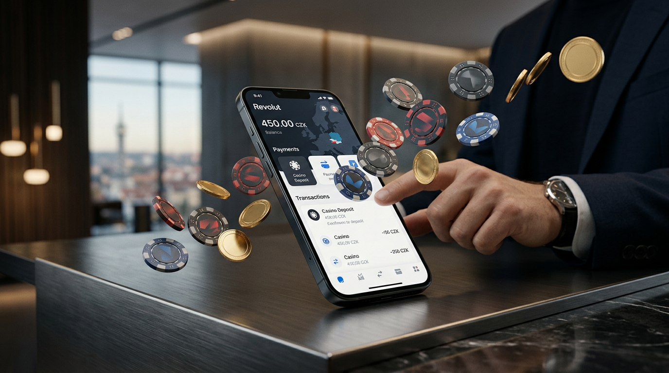 Smartphone s aplikací Revolut a kasinovými žetony pro online hraní