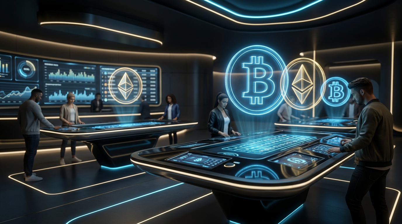 Futuristické rozhraní krypto kasina s digitálními měnami