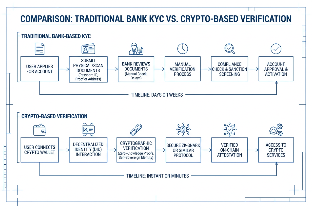 Schéma KYC procesu porovnávající tradiční bankovní ověření a moderní ověření přes kryptoměnovou peněženku.