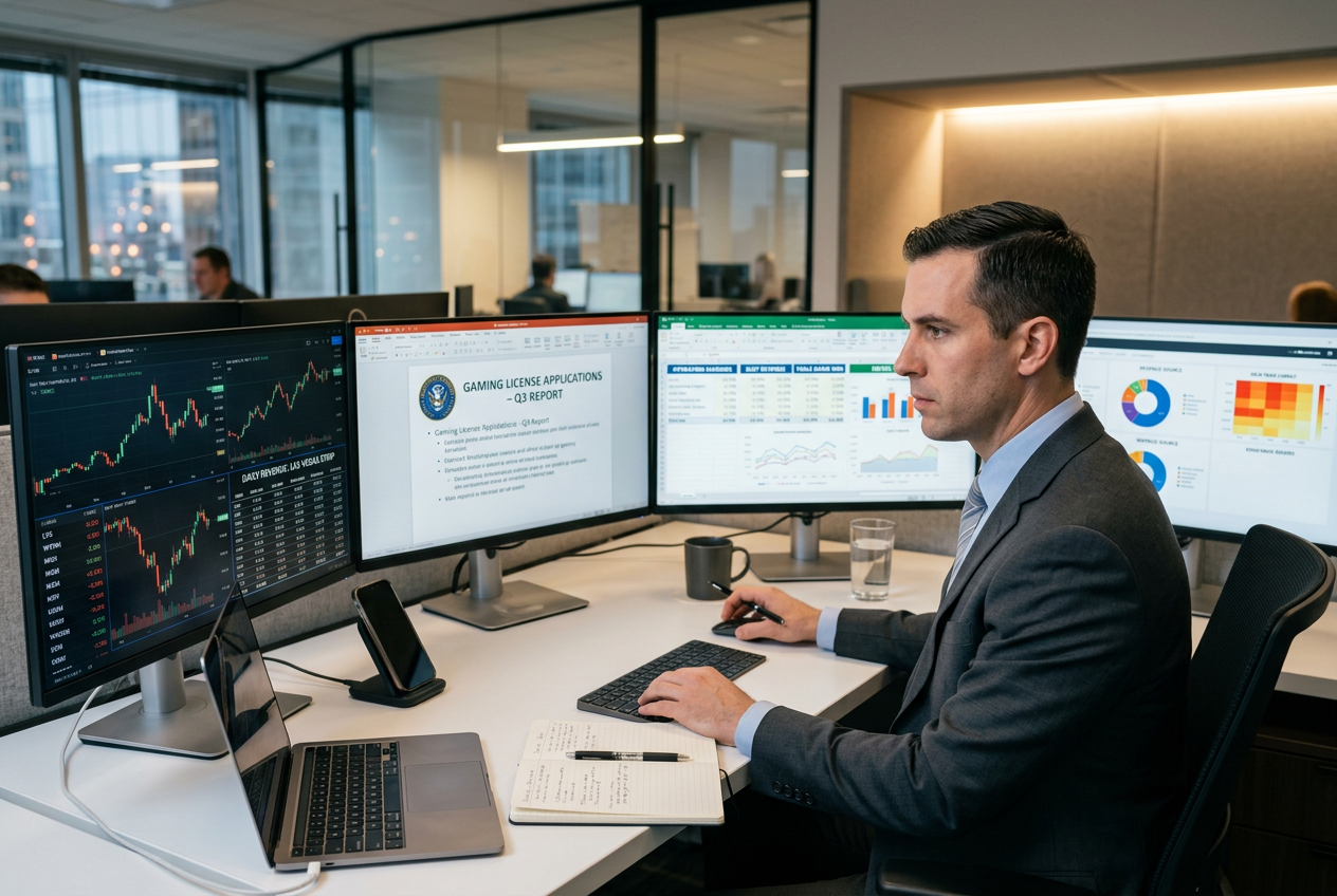 Profesionální analytik přezkoumávající finanční data a licence českých online kasin