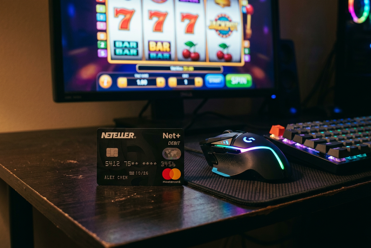 Detailní záběr na kartu Neteller Net+ Mastercard vedle herního notebooku s rozhraním kasina