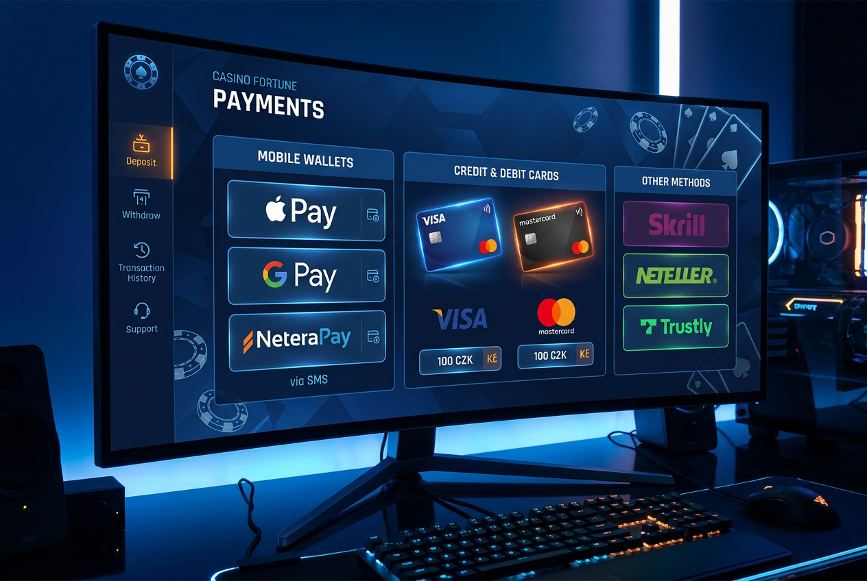 Moderní digitální rozhraní s logy NeteraPay, Apple Pay a 100 Kč bankovkami