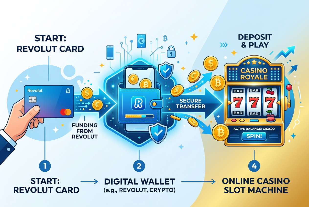 Infografika ukazující bezpečný převod peněz mezi Revolut účtem a online kasinem